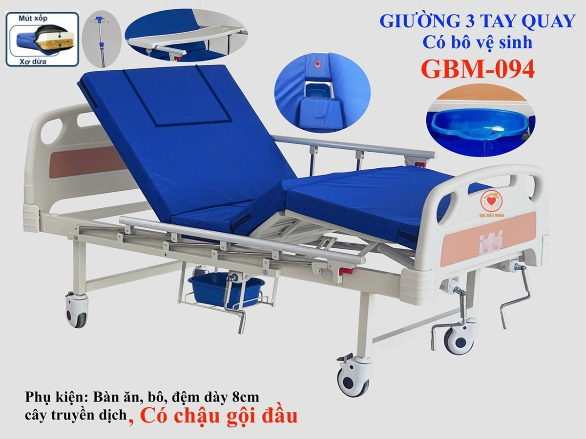 Giường y tế 3 tay quay, có bô vệ sinh, thau gội đầu, bàn ăn GBM-094A